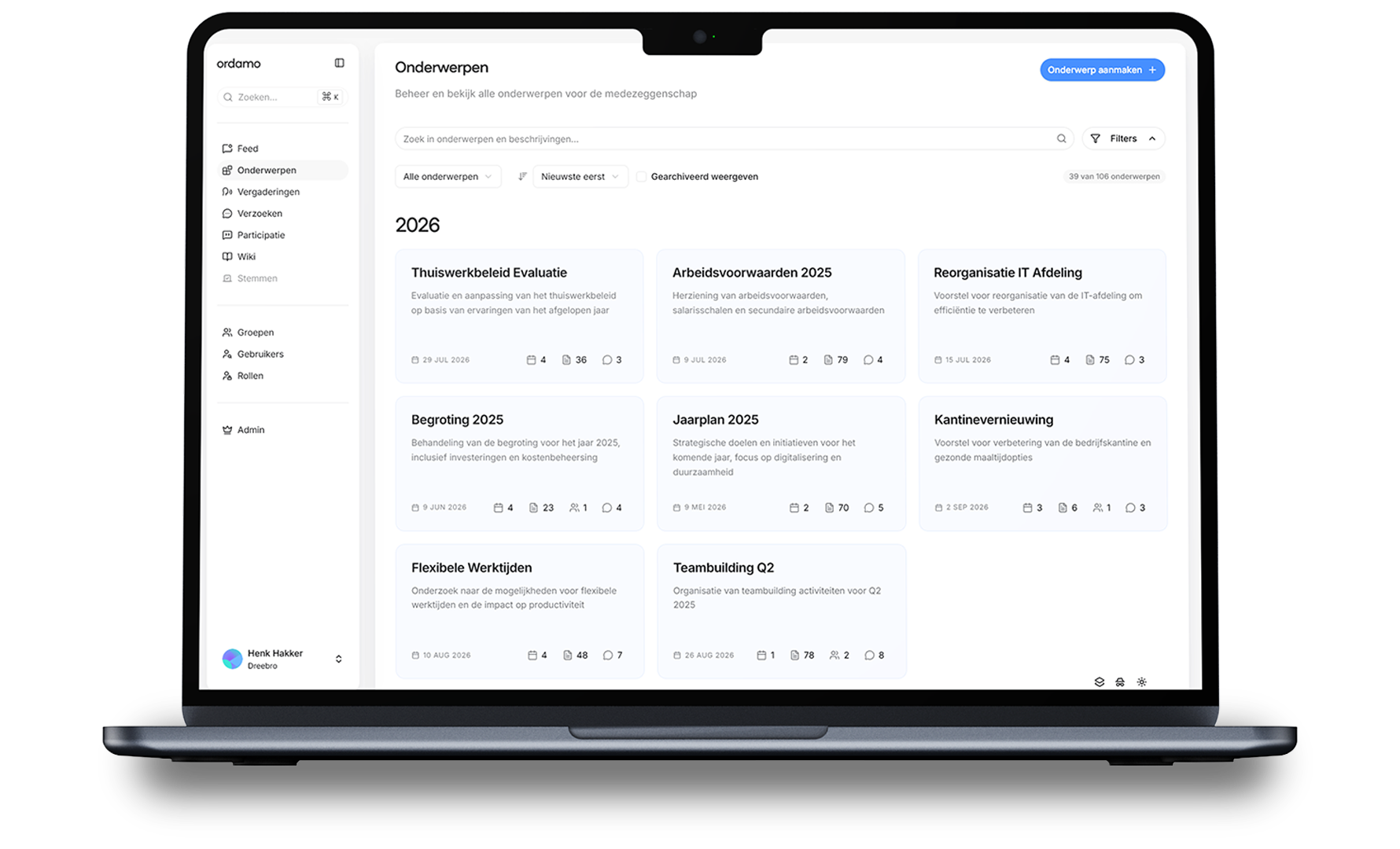 Een onderwerp verbindt vergaderingen, verzoeken, documenten, taken, feedback en een tijdlijn.